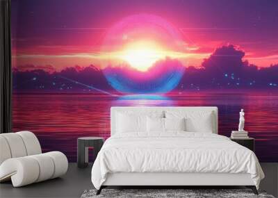 A surreal depiction of an AI interface with a glowing digital sphere reflecting on water at sunset Wall mural