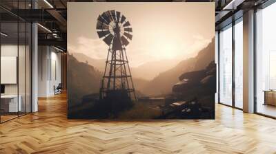 A traditional old wind generator on a hillside against the background of beautiful mountains and a bright sunset sky. European historical landscape, romance and beauty of nature. Generative AI Wall mural