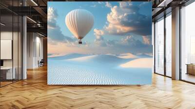 A white hot air balloon soars over vast white sand dunes under a blue sky with fluffy clouds during a beautiful sunrise. Wall mural