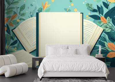 A4 frame with blank space at the center surrounded by open books and green leaves on a turquoise background Wall mural