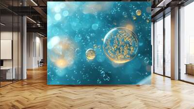 Abstract blue background with transparent bubbles and DNA strand for science and innovation themes Wall mural