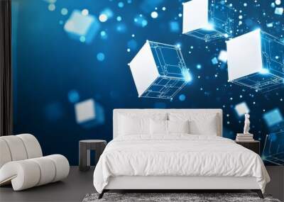 Abstract digital blockchain network concept with glowing blue cubes on a dark background Wall mural