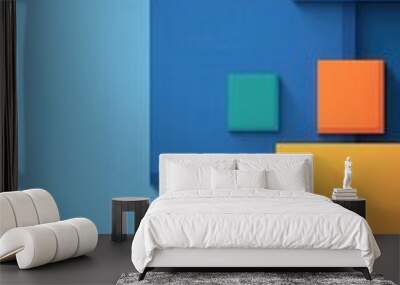 Abstract geometric pattern with blue background and colorful squares in yellow, green, and blue shades Wall mural