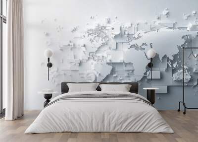 Abstract world map background with white color blocks and gears symbolizing global networks and technology Wall mural