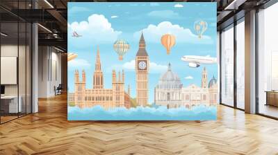 Airplanes flying over iconic London landmarks with blue sky and clouds Wall mural