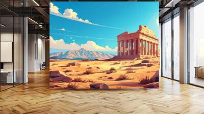 Ancient temple ruins in a desert landscape under a vibrant blue sky Wall mural