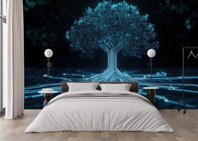 Artificial intelligence tree with circuit board connections, symbolizing technology and innovation in a digital forest landscape Wall mural