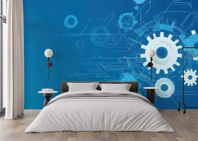 Blue background with technical gears and mechanical elements representing technology and innovation in a futuristic digital design Wall mural