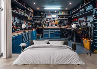 Bright and clean interior of garage workshop for DIY works and repairs. Workbenches, tools and technical equipment. Bikes, motorcycles and vehicles repair and tuning. Wall mural