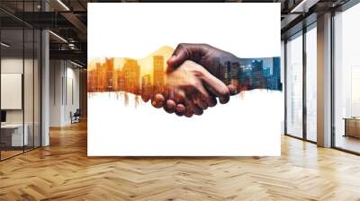 Business handshake with a stunning cityscape background representing partnership and collaboration in urban business environments Wall mural