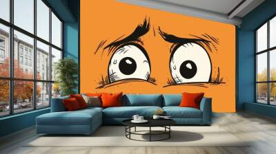 Cartoon style illustration of two eyes expressing fear and surprise on orange background Wall mural