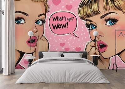 Charming retro pop art illustration featuring two surprised women with comic speech bubble saying 