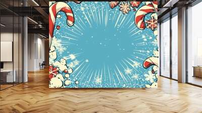 Cheerful Christmas comic-style background with candy canes and snowflakes on a bright blue festive holiday theme Wall mural