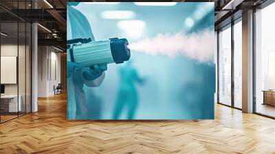 Close-up of a medical professional using a disinfectant fogger for sanitation in a sterile environment Wall mural