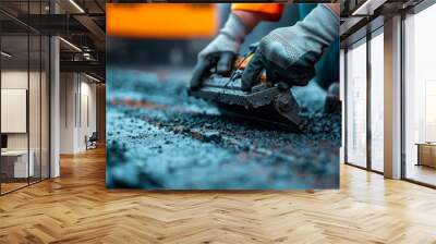 Close-up of hands operating a paving machine at a construction site Wall mural