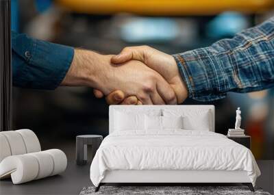 Close-up of handshake between two people wearing work clothes in a workshop setting symbolizing teamwork and cooperation Wall mural