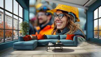 Close-up portrait of a female engineer in bright signal vest and safety helmet standing with her colleagues on construction site outdoors. Diverse team of specialists discussing project details. Wall mural