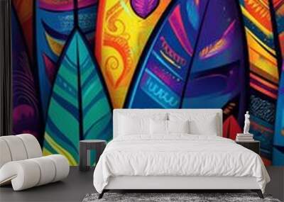 Colorful and vibrant seamless pattern of surfboards with tropical designs Wall mural