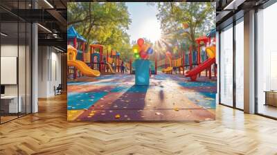 Colorful children's playground on a sunny day with vibrant slides and play equipment Wall mural