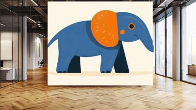 Colorful illustration of a whimsical blue elephant with orange accents and a playful demeanor Wall mural