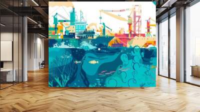 Colorful illustration showing offshore drilling impact on marine life with vivid underwater and industrial scenes Wall mural