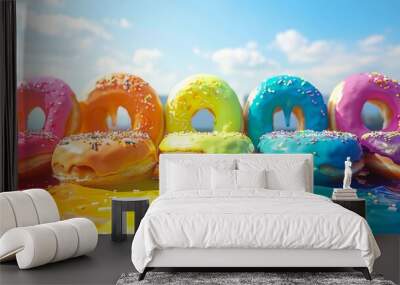 Colorful rainbow donuts with a clear blue sky backdrop Wall mural