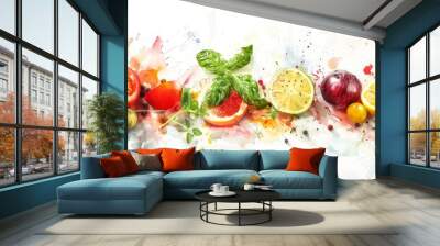 Colorful watercolor composition of assorted vegetables and fruits with a fresh and vibrant feel Wall mural