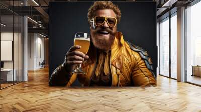 Comic portrait of a fat redhead bearded man in yellow superhero costume wearing glasses with a glass of beer. Funny smiling dude portrays the friendly Superman and proposing a toast. Black background. Wall mural