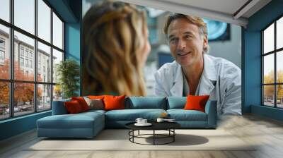 Confident cosmetic surgeon discussing treatment options with patient Wall mural