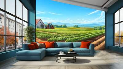 Countryside smart farm with a large garden featuring a picturesque landscape of lush fields and a modern tractor on a sunny day under a clear blue sky. Wall mural