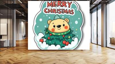 Cute bear sticker with Christmas tree decoration and snowflakes, featuring merry christmas message Wall mural