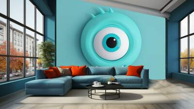 Cute cartoon monster face with one eye and spikes in a turquoise color Wall mural