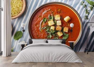 Delicious homemade tomato soup with fresh mint and crunchy croutons in a white bowl, perfect for a cozy and comforting meal Wall mural