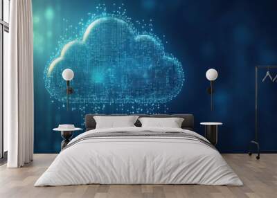 Digital cloud icon with circuit board design illustrating futuristic technology and data storage concepts in a blue background Wall mural