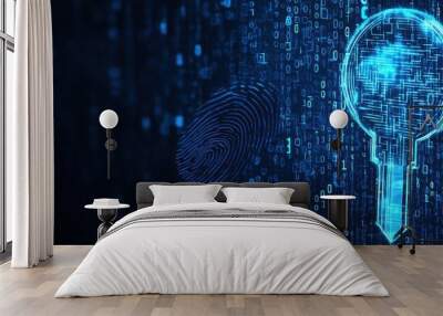 Digital illustration of an electronic key and fingerprint surrounded by binary code representing cybersecurity and technology Wall mural