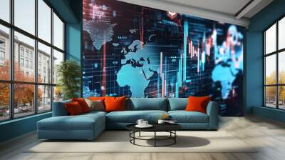 Digital illustration of global financial data with world map and economic growth charts Wall mural