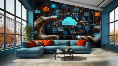 Digital interface showcasing cloud computing and technology icons in a futuristic style Wall mural