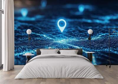 Digital map with glowing location pins representing GPS and navigation technology Wall mural