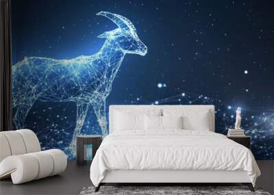 Digital wireframe illustration of a goat against a starry background Wall mural