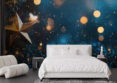 Dreamy night scene with sparkling golden stars illuminating a dark blue background, evoking a sense of magic and serenity reminiscent of a starry sky. Perfect for themes of wonder, inspiration, or Wall mural