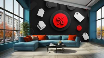 Dynamic Black Friday sale poster with bold red percentage symbol and modern abstract background design Wall mural