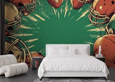 Dynamic football-themed comic book-style background featuring helmets in a vibrant and lively composition Wall mural