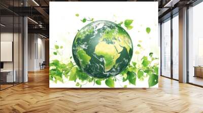 Eco-friendly concept art depicting a green earth surrounded by lush leaves and foliage emphasizing sustainability and environmental conservation Wall mural