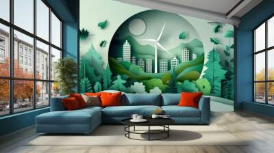 Eco-friendly paper cut design showing sustainability with wind turbines and trees Wall mural