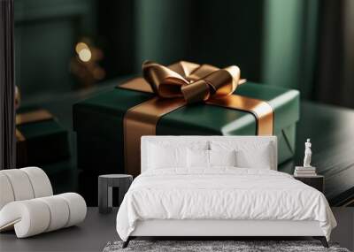 Elegant dark green and gold gift boxes placed on a table with a ribbon, capturing a sense of luxury and celebration, ideal for special occasions like birthdays, holidays, and anniversaries. Wall mural