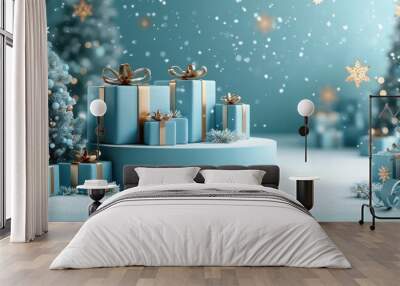 Elegant winter wonderland scene with blue gift boxes and golden ribbons set against a light blue snowy background featuring artistic golden snowflakes and frosted Christmas trees Wall mural