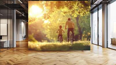 Father and child enjoy a peaceful summer sunset bike ride under sunlit trees, embracing nature and family bonding. Wall mural