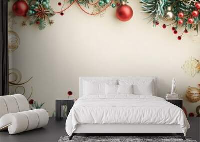 Festive christmas frame with ornaments and greenery on a white background Wall mural