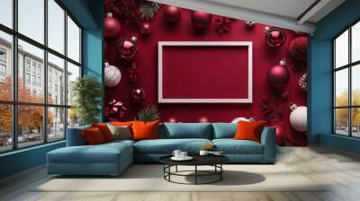 Festive Christmas-themed background with red and white ornaments and empty frame Wall mural