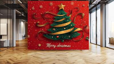 Festive Christmas tree with star decor on red background conveying holiday cheer and celebration Wall mural